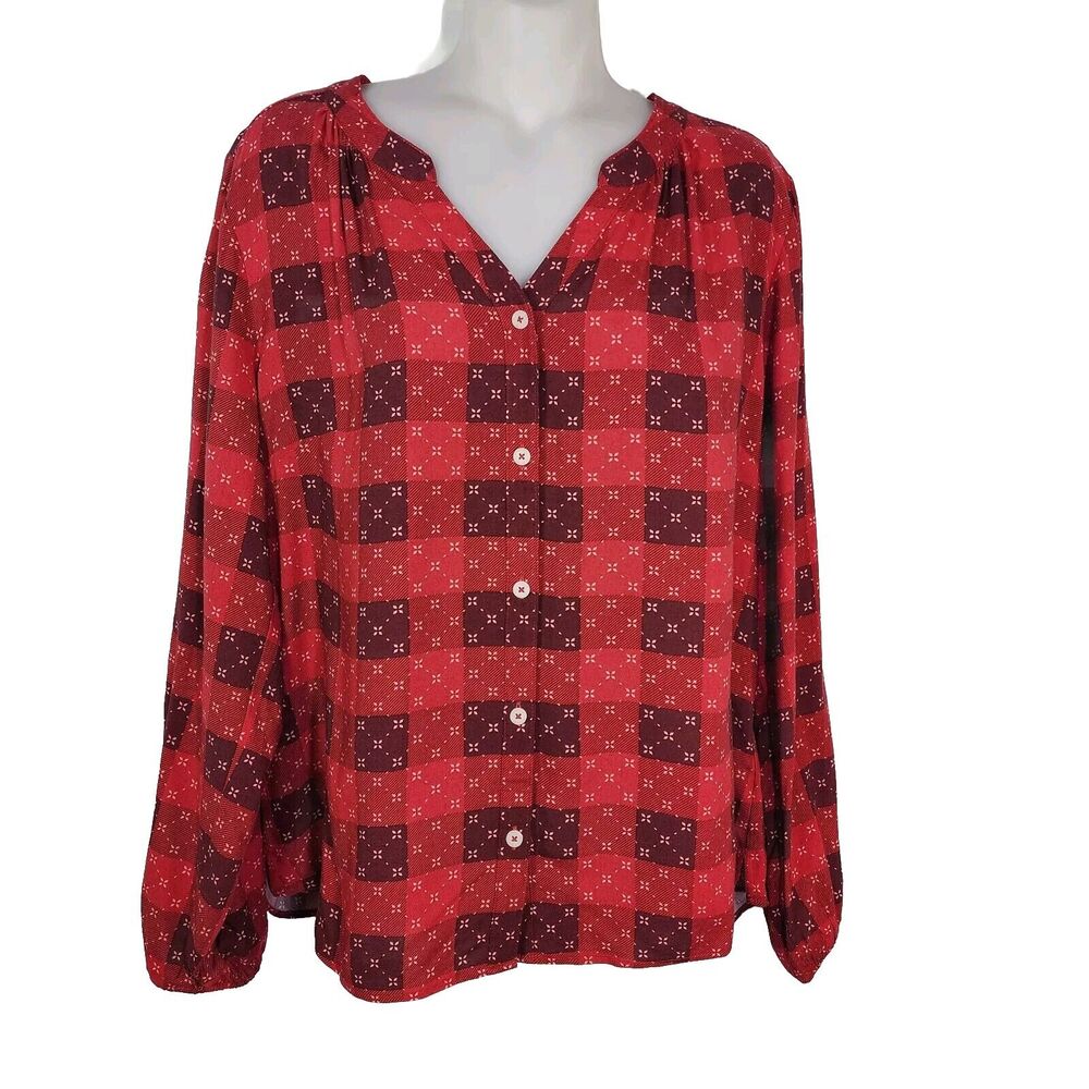 Denim & Co. Heritage Womens Top Size Small Plaid Button Front Y Neck Red A619132